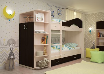 Детская двухъярусная кровать Мая на щитах со шкафом и ящиками, корпус Млечный дуб, фасад Венге в Казани