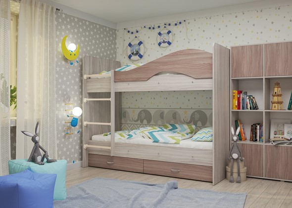 Двухъярусная кровать Мая с 2 ящиками на щитах, корпус Шимо светлый, фасад Шимо темный в Набережных Челнах - изображение