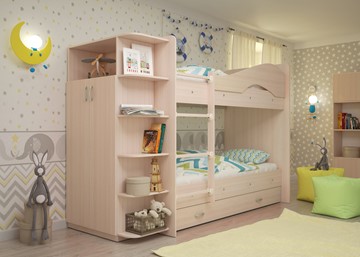 Детская 2-этажная кровать Мая на щитах со шкафом и ящиками, цвет Млечный дуб в Бугульме