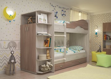 Детская 2-х ярусная кровать Мая на щитах со шкафом и ящиками, корпус Шимо светлый, фасад Шимо темный в Альметьевске - предосмотр