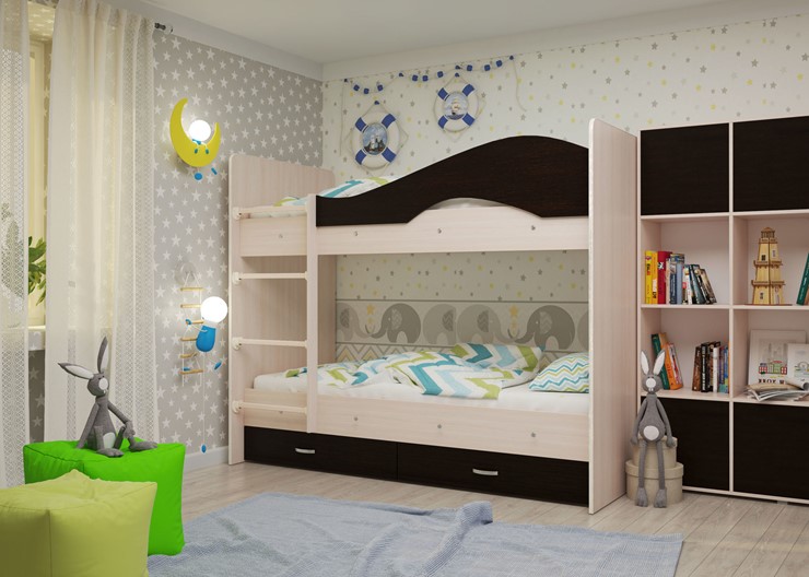 Детская  двухъярусная кровать Мая с 2 ящиками на щитах, корпус Млечный дуб, фасад Венге в Нижнекамске - изображение 1