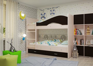 Детская двухъярусная кровать Мая на щитах со шкафом и ящиками, корпус Млечный дуб, фасад Венге в Нижнекамске - предосмотр 1