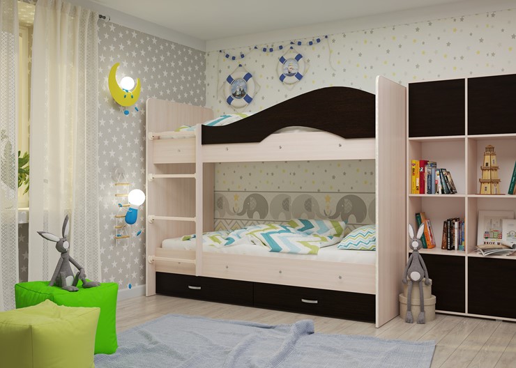 Детская двухъярусная кровать Мая на щитах со шкафом и ящиками, корпус Млечный дуб, фасад Венге в Набережных Челнах - изображение 1