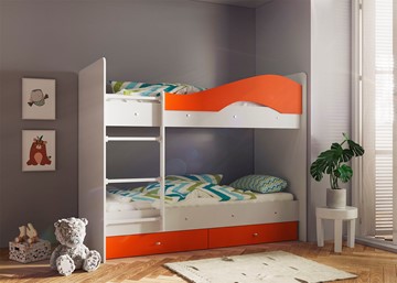 Детская 2-ярусная кровать Мая с 2 ящиками на щитах, корпус Млечный дуб, фасад Оранжевый в Зеленодольске