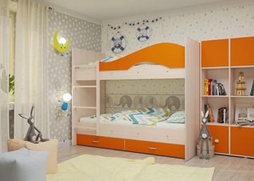 Детская 2-ярусная кровать Мая с 2 ящиками на щитах, корпус Млечный дуб, фасад Оранжевый в Альметьевске - предосмотр 3