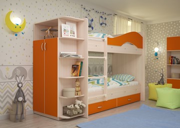 Детская 2-ярусная кровать Мая с 2 ящиками на щитах, корпус Млечный дуб, фасад Оранжевый в Набережных Челнах - предосмотр 1