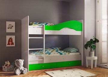 Детская 2-этажная кровать Мая с 2 ящиками на щитах, корпус Млечный дуб, фасад Салатовый в Нижнекамске