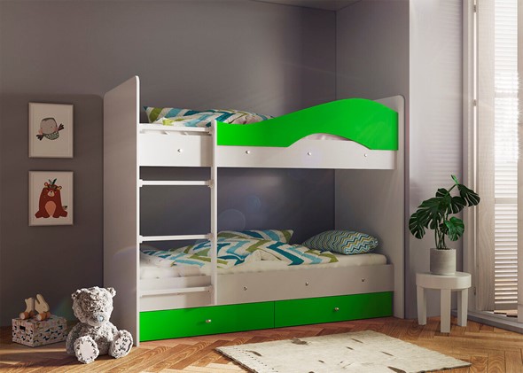 Детская 2-этажная кровать Мая с 2 ящиками на щитах, корпус Млечный дуб, фасад Салатовый в Нижнекамске - изображение