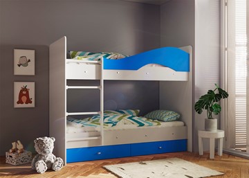 Детская двухэтажная кровать Мая с 2 ящиками на щитах, корпус Млечный дуб, фасад Синий в Нижнекамске