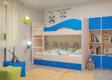 Детская двухэтажная кровать Мая с 2 ящиками на щитах, корпус Млечный дуб, фасад Синий в Казани - предосмотр 3