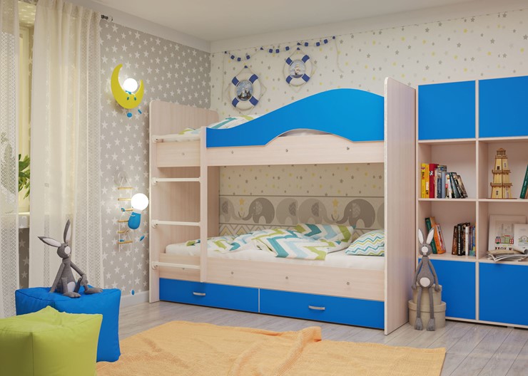 Детская двухэтажная кровать Мая с 2 ящиками на щитах, корпус Млечный дуб, фасад Синий в Альметьевске - изображение 3