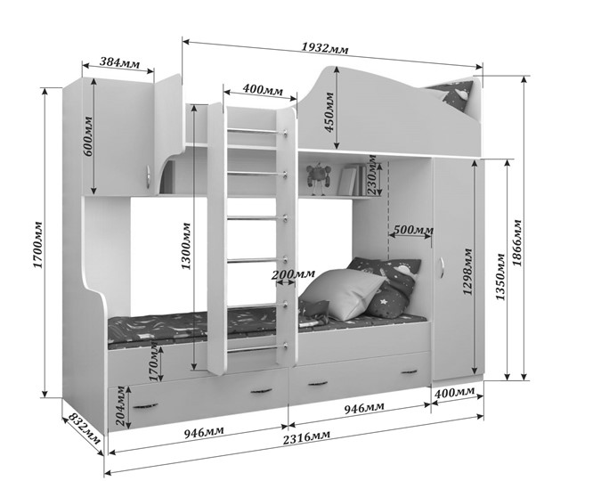 Детская 2-этажная кровать Юниор-2, каркас Ясень анкор темный, фасад Ирис в Нижнекамске - изображение 1