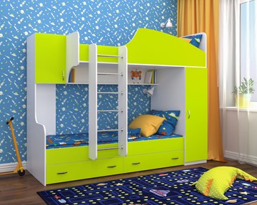 Двухъярусная детская кровать Юниор-2, каркас Белое дерево, фасад Лайм в Казани - предосмотр