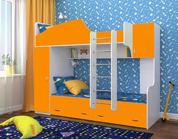 Детская 2-этажная кровать Юниор-2, каркас Белое дерево, фасад Оранжевый в Альметьевске