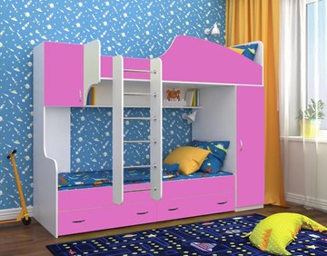 Двухэтажная детская кровать Юниор-2, каркас Белое дерево, фасад Розовый в Нижнекамске - предосмотр