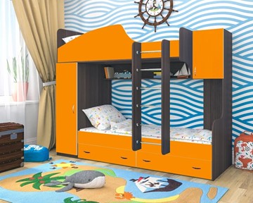 Двухэтажная детская кровать Юниор-2, каркас Ясень анкор темный, фасад Оранжевый в Альметьевске