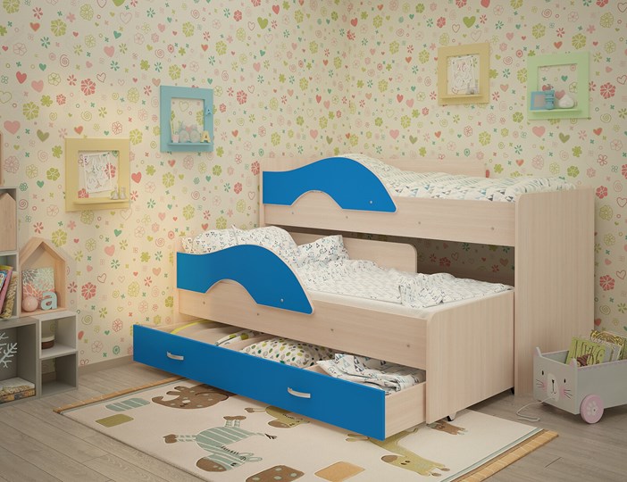 Детская двухъярусная кровать Радуга 1.6 с ящиком, корпус Млечный дуб, фасад Синий в Нижнекамске - изображение 1