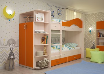 Двухъярусная детская кровать Мая на щитах со шкафом и ящиками, корпус Млечный дуб, фасад Оранжевый в Казани