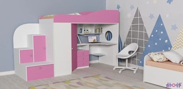 Кровать-чердак в детскую Кадет-1, корпус Белое дерево, фасад Розовый в Альметьевске