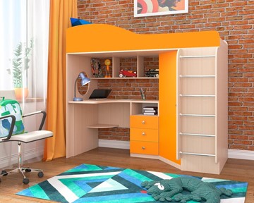 Детская кровать-шкаф Кадет-1 с металлической лестницей, корпус Дуб, фасад Оранжевый в Нижнекамске