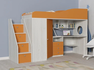 Детская кровать-чердак Кадет-1 с универсальной лестницей, корпус Винтерберг, фасад Оранжевый в Казани