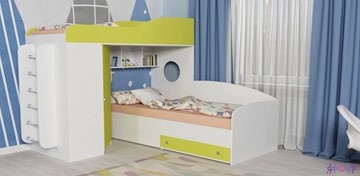 Детская кровать-шкаф Кадет-2 с металлической лестницей, корпус Белое дерево, фасад Лайм в Казани