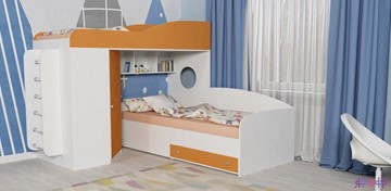 Детская кровать-шкаф Кадет-2 с металлической лестницей, корпус Белое дерево, фасад Оранжевый в Набережных Челнах