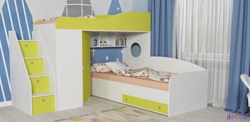 Детская кровать-шкаф Кадет-2 с универсальной лестницей, корпус Белое дерево, фасад Лайм в Казани