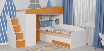 Детская кровать-шкаф Кадет-2 с универсальной лестницей, корпус Белое дерево, фасад Оранжевый в Казани