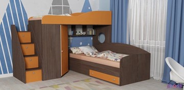 Детская кровать-шкаф Кадет-2 с универсальной лестницей, корпус Ясень анкор темный, фасад Оранжевый в Казани