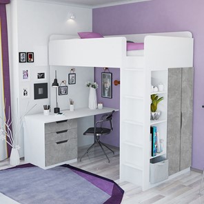 Детская кровать с письменным столом и шкафом POLINI Kids Simple Белый / Бетон в Нижнекамске - предосмотр 1
