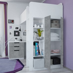 Детская кровать с письменным столом и шкафом POLINI Kids Simple Белый / Бетон в Казани - предосмотр 2