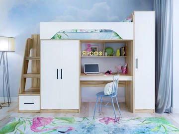 Детская кровать-чердак с шкафом Тея, каркас Ясень, фасад Белый в Альметьевске - предосмотр
