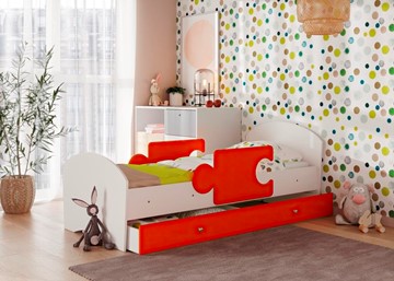 Кровать детская с ящиком и бортиками ТМК Мозайка, корпус Белый/фасад Оранжевый (ламели) в Альметьевске