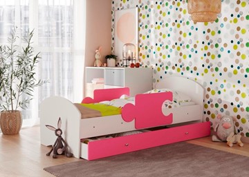 Кровать детская с ящиком и бортиками Мозайка, корпус Белый/фасад Розовый (ламели) в Альметьевске