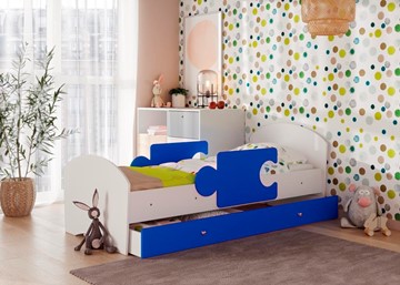 Детская кровать с ящиком и бортиками Мозайка, корпус Белый/фасад Синий (ламели) в Альметьевске