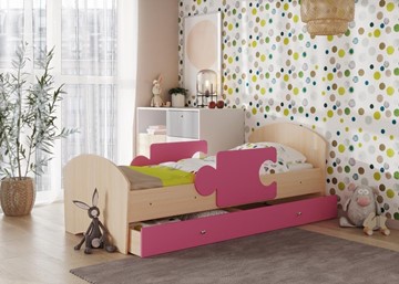 Детская кровать с ящиком и бортиками Мозайка, корпус Млечный дуб/фасад Розовый (ламели) в Альметьевске