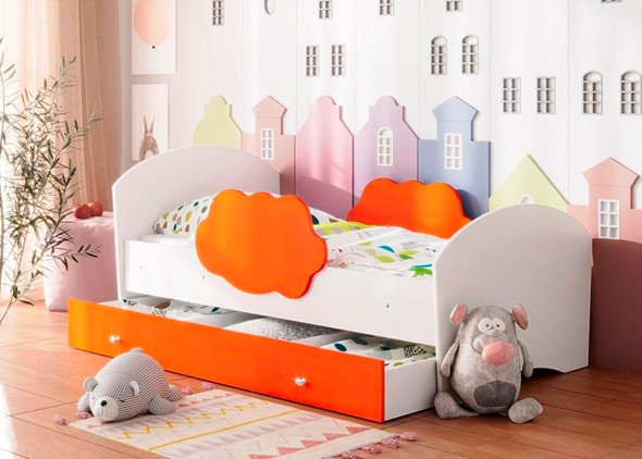 Кровать детская Тучка с ящиком, корпус Белый, фасад Оранжевый в Нижнекамске - изображение
