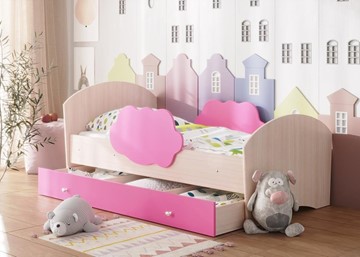 Детская кровать Тучка с ящиком, корпус Дуб млечный, фасад Розовый в Нижнекамске
