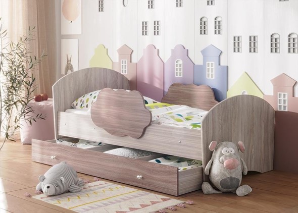 Детская кровать Тучка с ящиком, корпус Ясень Шимо светлый, фасад Ясень Шимо темный в Нижнекамске - изображение