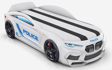 Кровать-машина Romeo-М Police + подсветка фар, ящик, матрас, Белый в Набережных Челнах