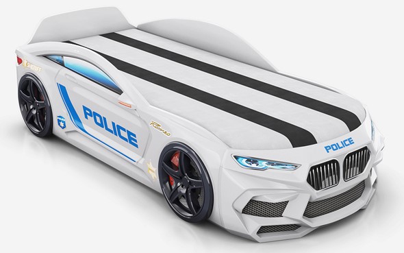 Кровать-машина Romeo-М Police + подсветка фар, ящик, матрас, Белый в Альметьевске - изображение