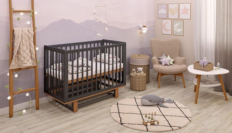 Кровать для новорожденных серия 3400 POLINI Kids Simple 340 с маятником Графит/Дуб каменный в Нижнекамске - изображение 1