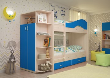 Двухэтажная детская кровать Мая на щитах со шкафом и ящиками, корпус Млечный дуб, фасад Синий в Набережных Челнах