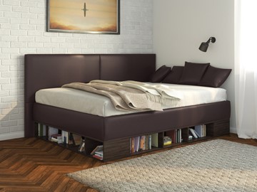 Детская 1,5-спальная кровать Lancaster 1, 120х200, ЛДСП венге, экокожа коричневая в Нижнекамске