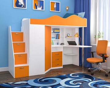 Детская кровать-шкаф Пионер-1, каркас Белое дерево, фасад Оранжевый в Казани