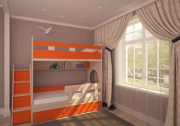 Детская двухэтажная кровать Юниор-1 с бортом, каркас Дуб, фасад Оранжевый в Альметьевске
