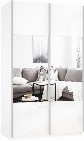 Шкаф Прайм (Зеркало/Белое стекло) 1400x570x2300, белый снег в Альметьевске - изображение 2