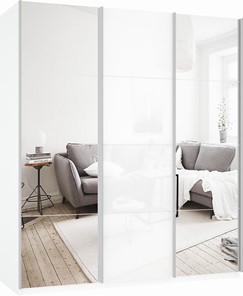 Шкаф 3-х створчатый Прайм (Зеркало/Белое стекло/Зеркало) 1800x570x2300, белый снег в Альметьевске