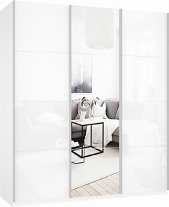 Шкаф-купе Прайм (Белое стекло/Зеркало/Белое стекло) 2100x570x2300, белый снег в Нижнекамске